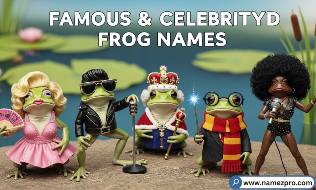 "Celebrity inspired frog names 2026 — cartoon frog dressed as a movie star on a red carpet with name tags"
