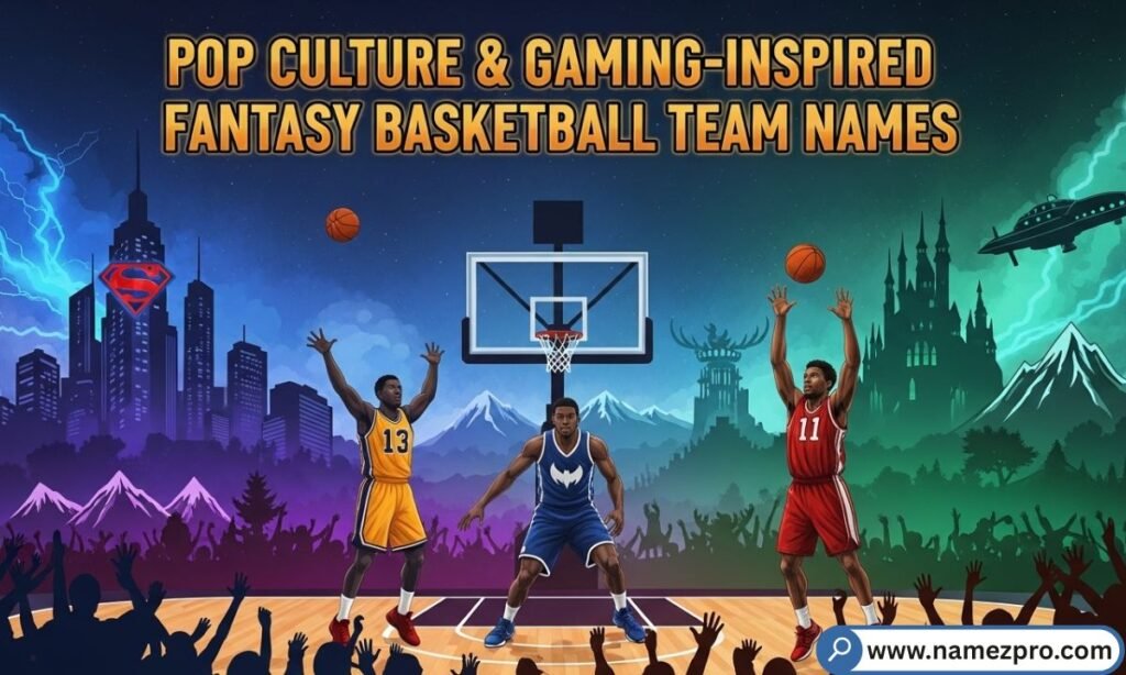 Pop culture and gaming inspired fantasy basketball team names list with creative ideas for NBA fantasy leagues in 2026.
