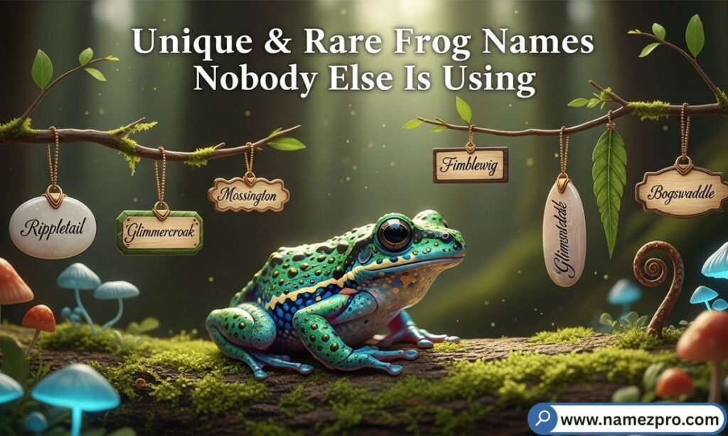 "Unique frog names 2026 — rare cartoon frog wearing a crown with creative amphibian name tags around it"
