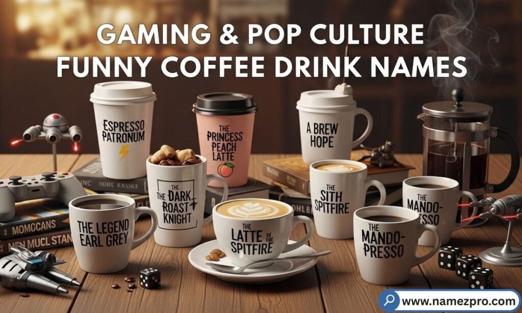 A neon-lit gaming setup with coffee mugs and gaming-themed funny coffee drink names displayed on a glowing digital menu board.
