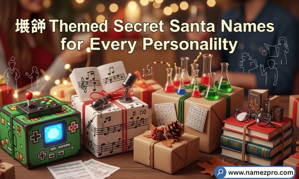 Themed Secret Santa Names for gaming, sports, and hobby-based gift exchanges with festive decorations.