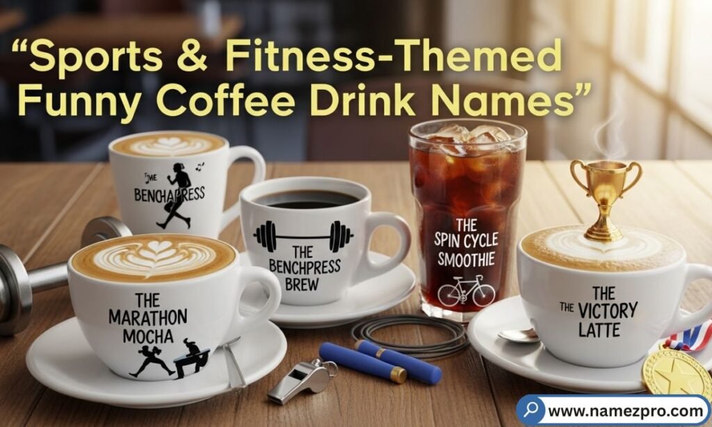 A gym setting with protein shakers, dumbbells, and a bold motivational chalkboard displaying fitness-themed brew names.