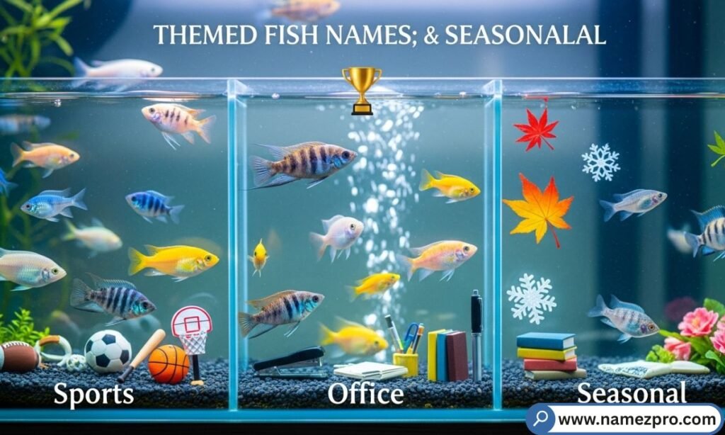 Aquarium fish with themed fish names inspired by sports, office life, and seasonal ideas in a colorful tank