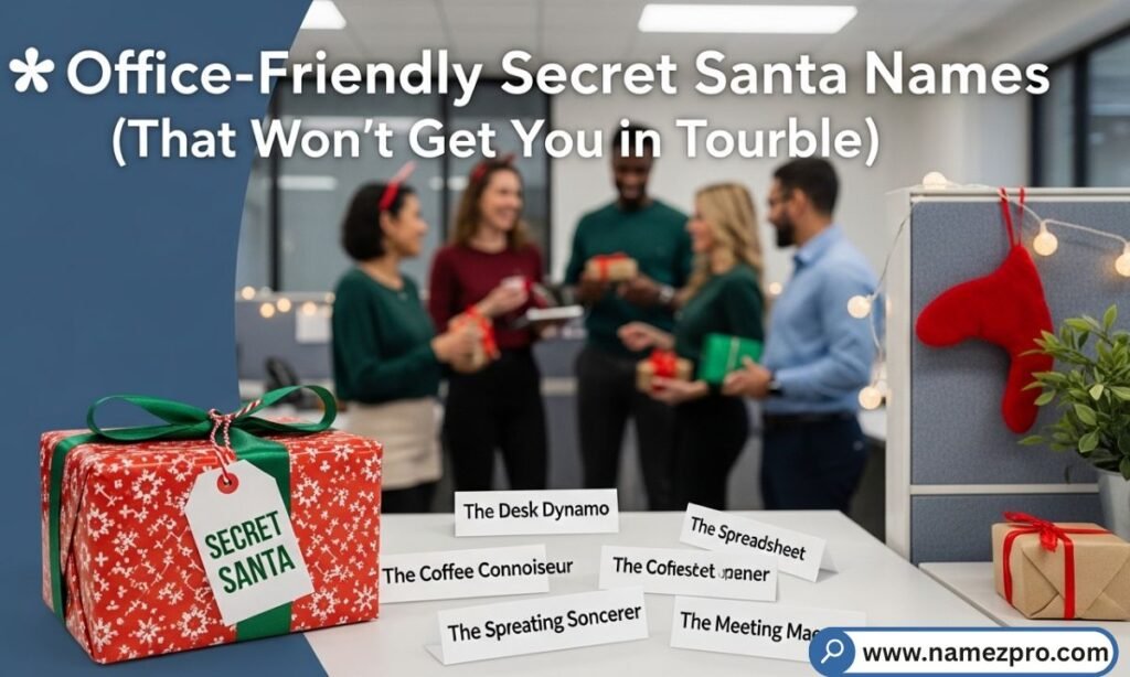 Office-friendly Secret Santa Names with gifts, desk decorations, and festive workplace humor.