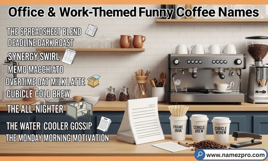 A corporate office desk setup with a coffee mug beside a professional chalkboard displaying workplace-themed drink names.