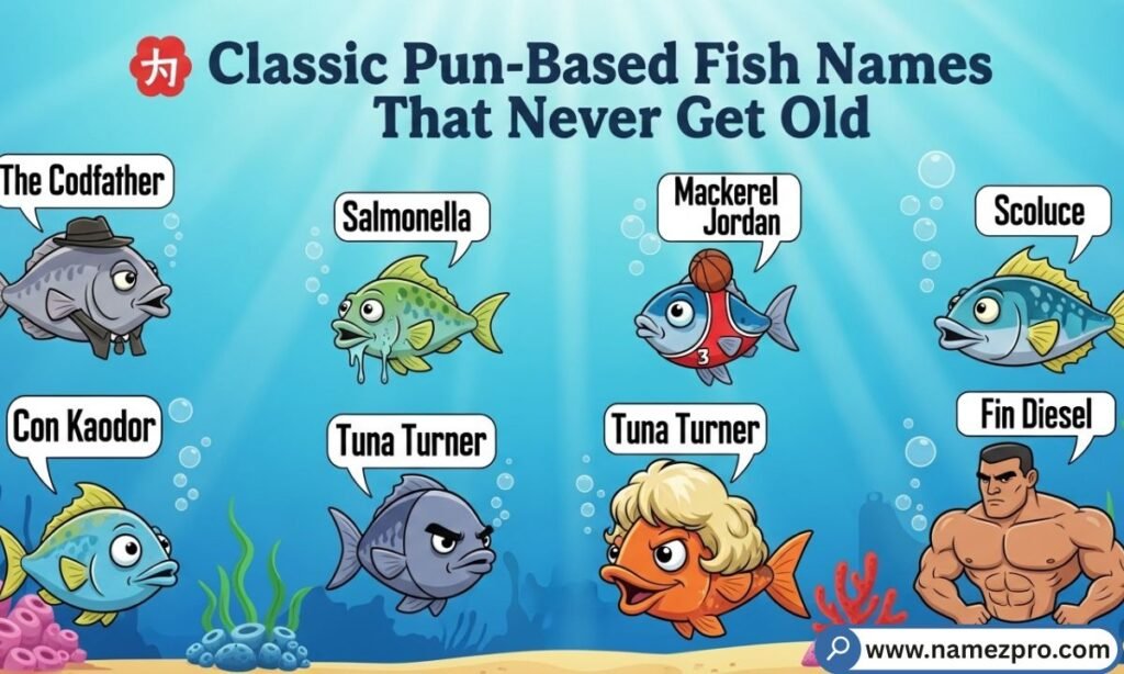 Cute aquarium fish with classic pun-based fish names showing timeless funny fish name ideas for pet fish