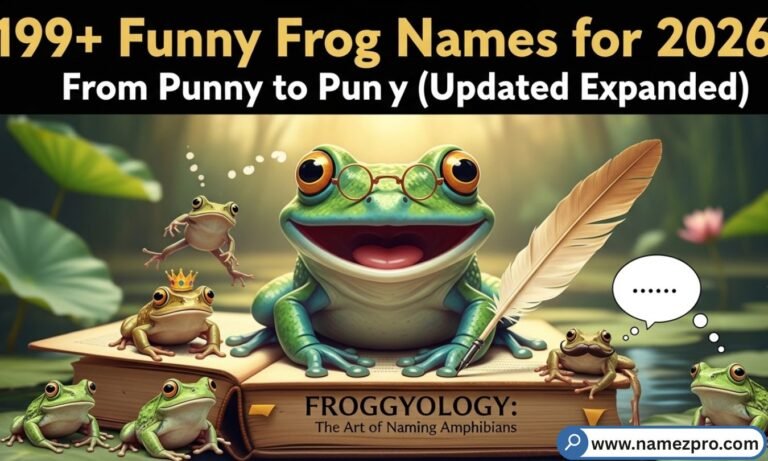 "Funny frog names list 2026 — colorful cartoon frog holding a name tag with punny frog names"