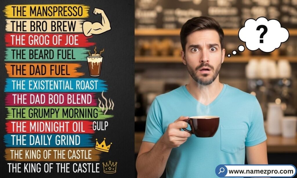 A dark rustic café counter with bold black coffee mugs and a rugged wooden chalkboard displaying masculine brew names.
