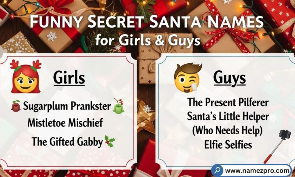 Funny Secret Santa Names for girls and guys with festive holiday decorations and gifts.