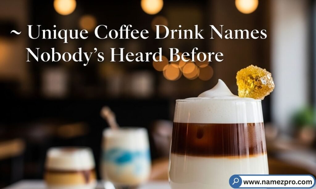 A handwritten café menu board with original and unexpected specialty drink names in bold chalk lettering.