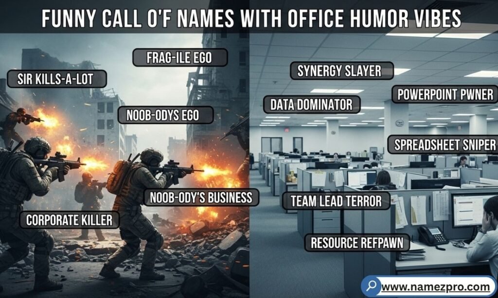Digital office-themed graphic featuring workplace puns and corporate jargon reimagined as multiplayer gamer tags.