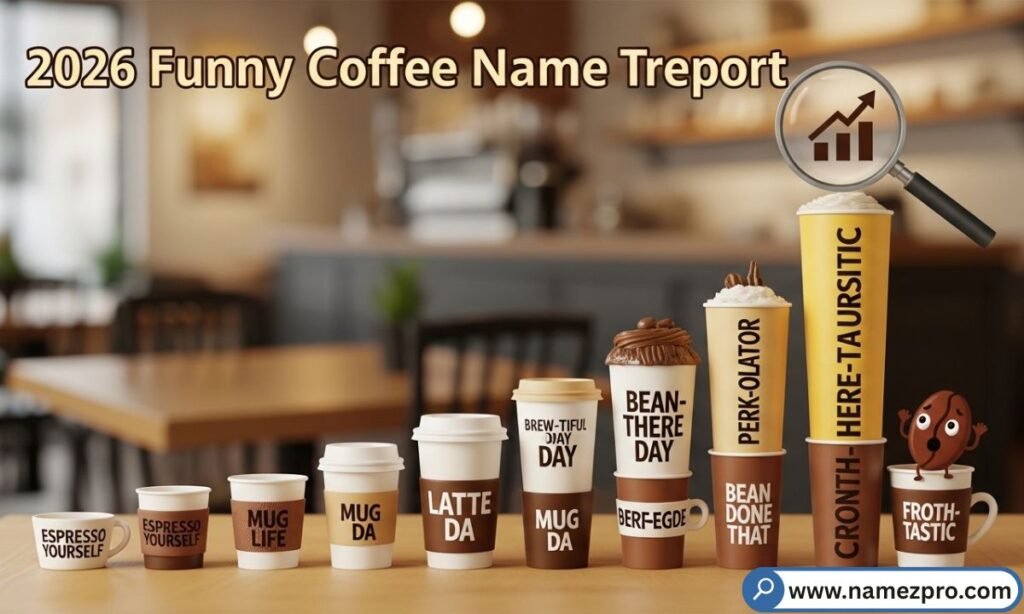 A trending 2026 coffee name report graphic showing funny coffee drink name trends on a bold colorful infographic chart display.