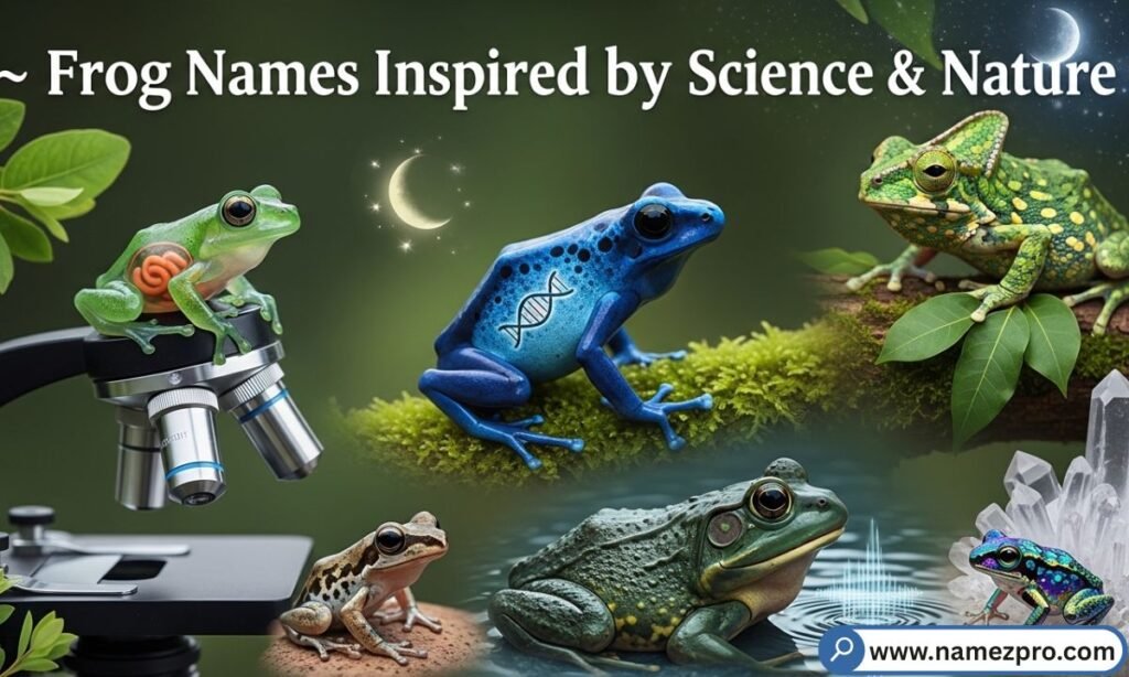 "Frog names inspired by science and nature 2026 — cartoon frog in a lab coat surrounded by plants and scientific name tags"

