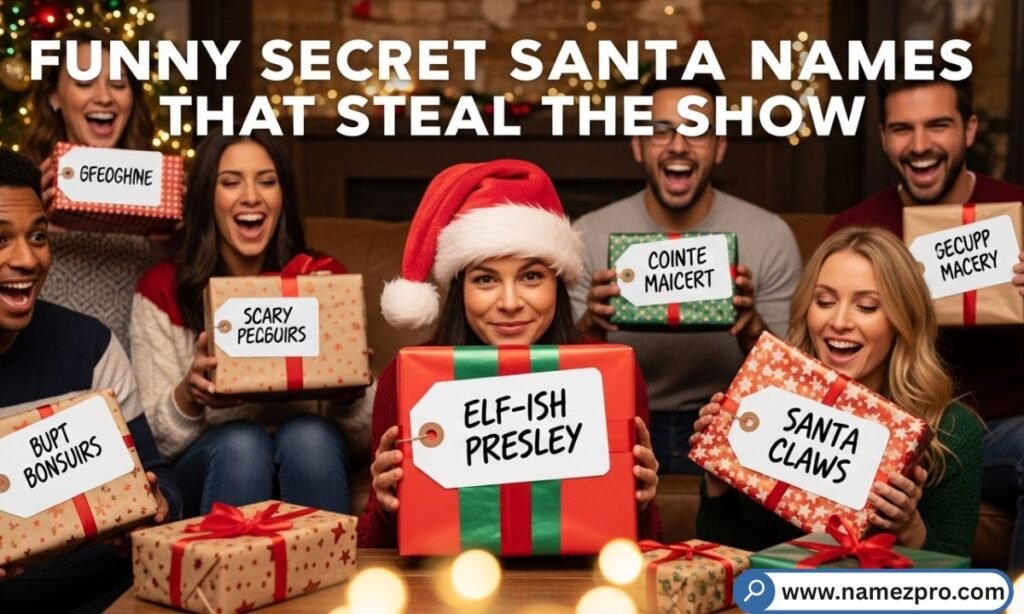 Funny Secret Santa Names with laughing emojis, colorful gifts, and festive holiday decor for 2026.