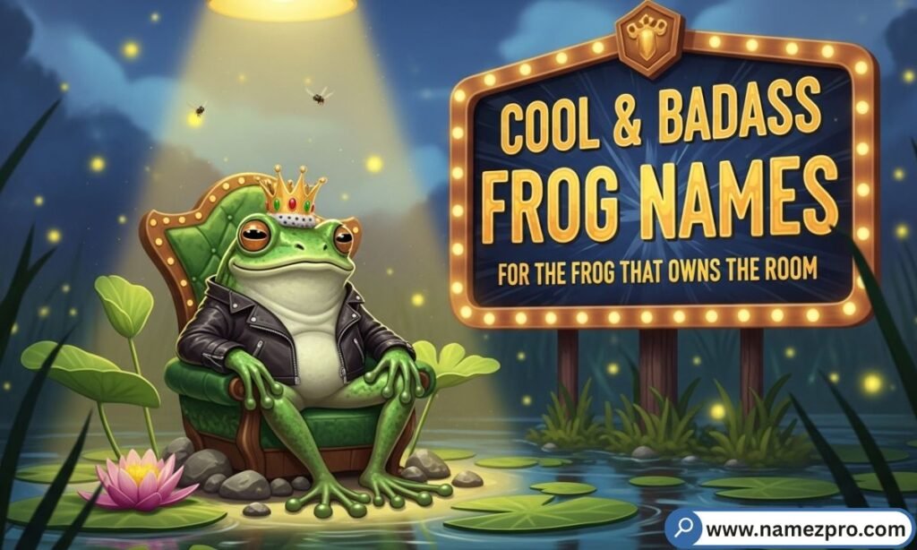 "Cool frog names list 2026 — badass cartoon frog wearing sunglasses with stylish swamp king vibes"
