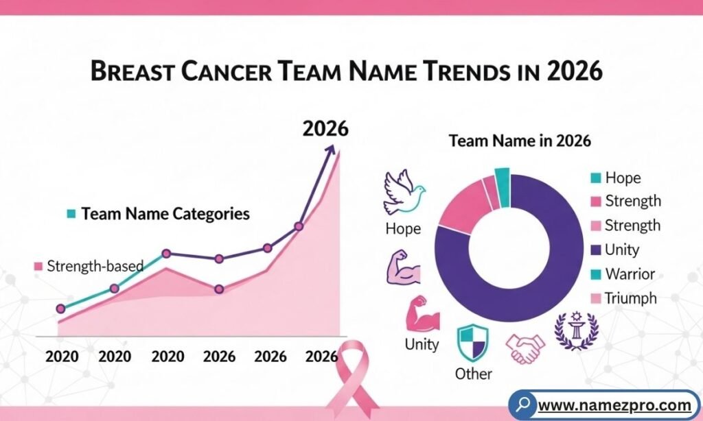 Modern digital pink ribbon graphics and community posters, illustrating breast cancer team name trends in 2026.
