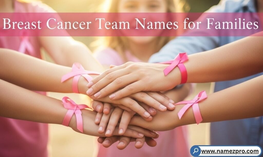A multi-generational family wearing pink and holding hands, representing breast cancer team names for families.