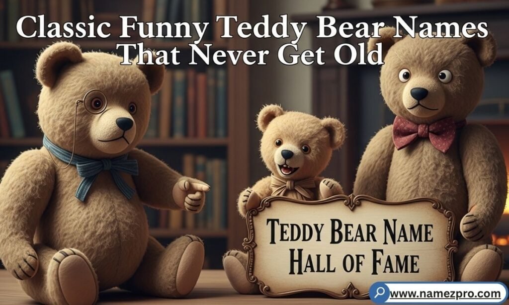 Classic teddy bear wearing a tiny crown and bowtie, illustrating timeless and funny teddy bear names for 2026.