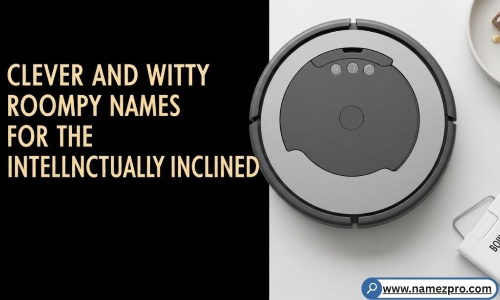 Clever and Witty Roomba Names for the Intellectually Inclined written in a notebook next to a Roomba named Jean-Luc Pi-Card.