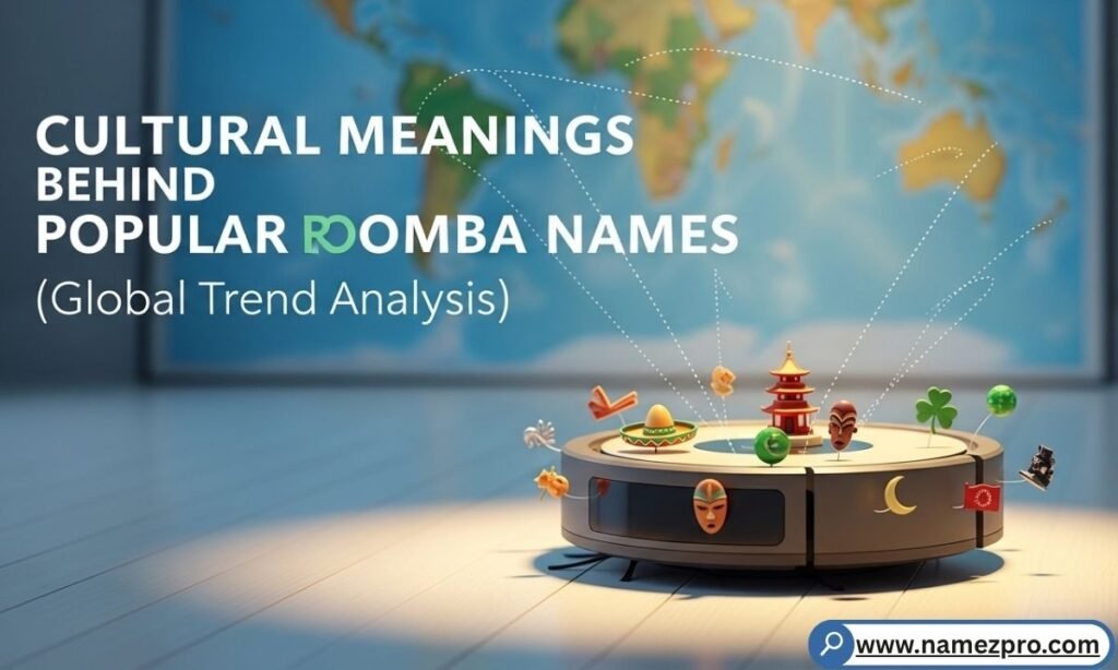 World map illustration with Roomba icons connected to regional cultural naming trends like Nordic sarcasm and Japanese kawaii.