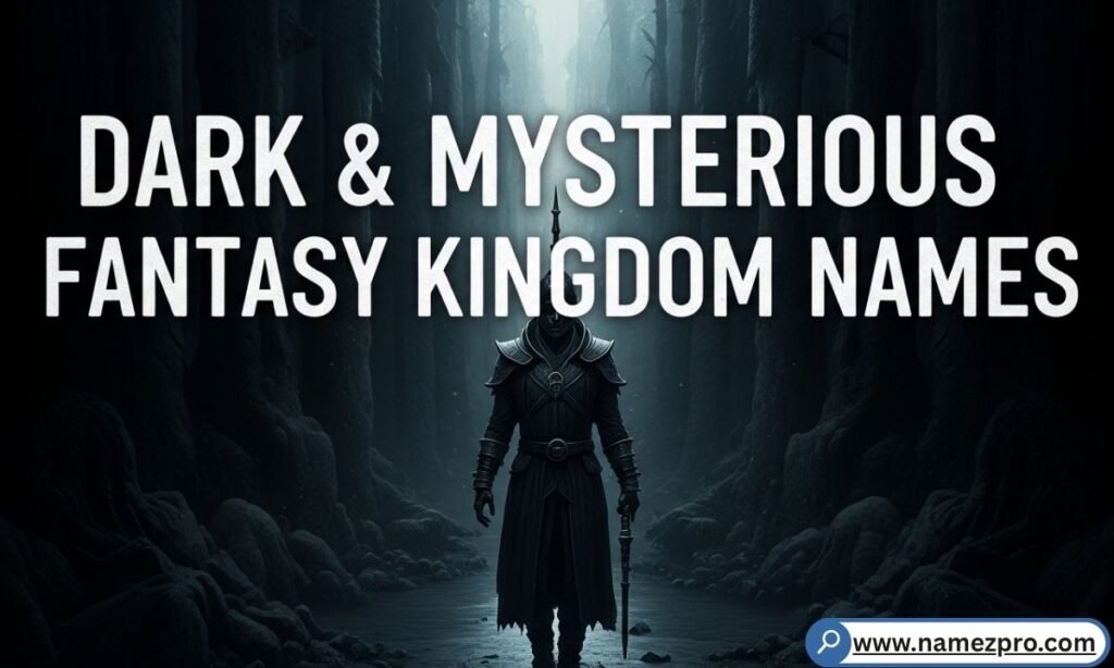 Gothic landscape with black citadel, swirling mist, and blood-red moon over jagged mountain ruins at twilight.