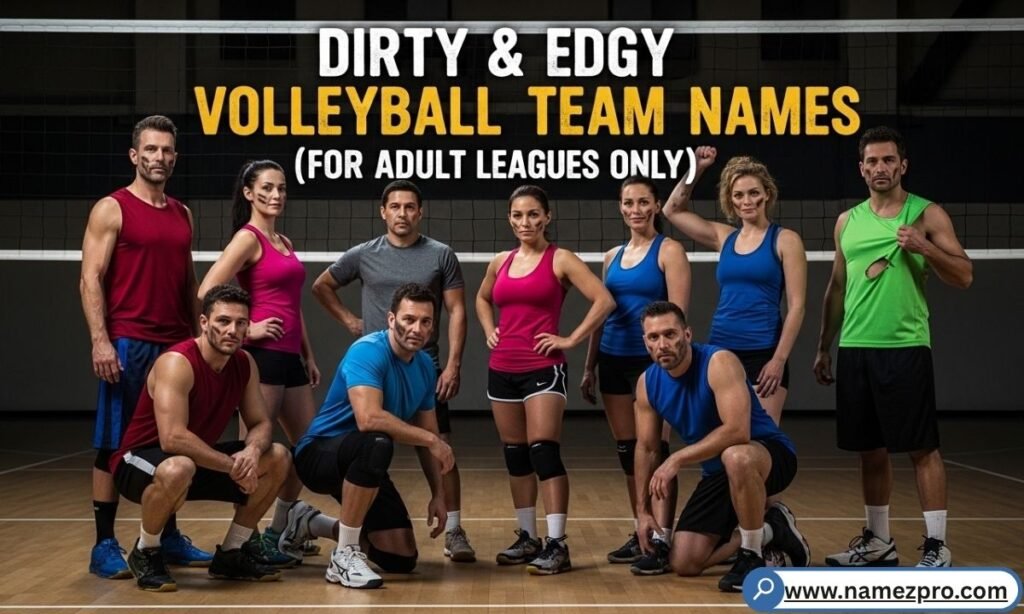 Adults laughing courtside at a recreational volleyball league night game