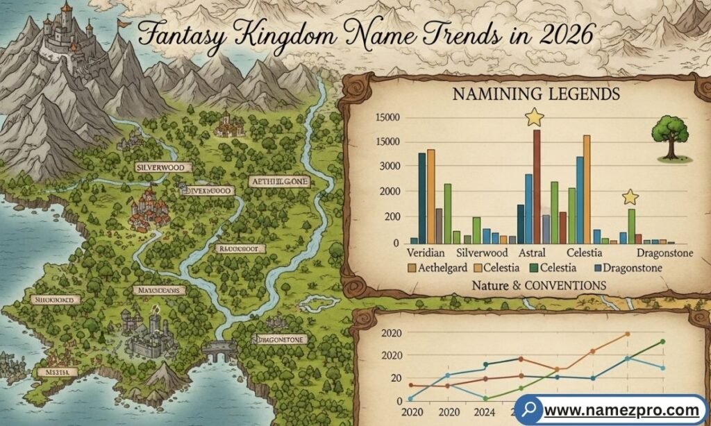 Fantasy kingdom name trends 2026 infographic with rising styles like Slavic, African, and cozy fantasy naming conventions.