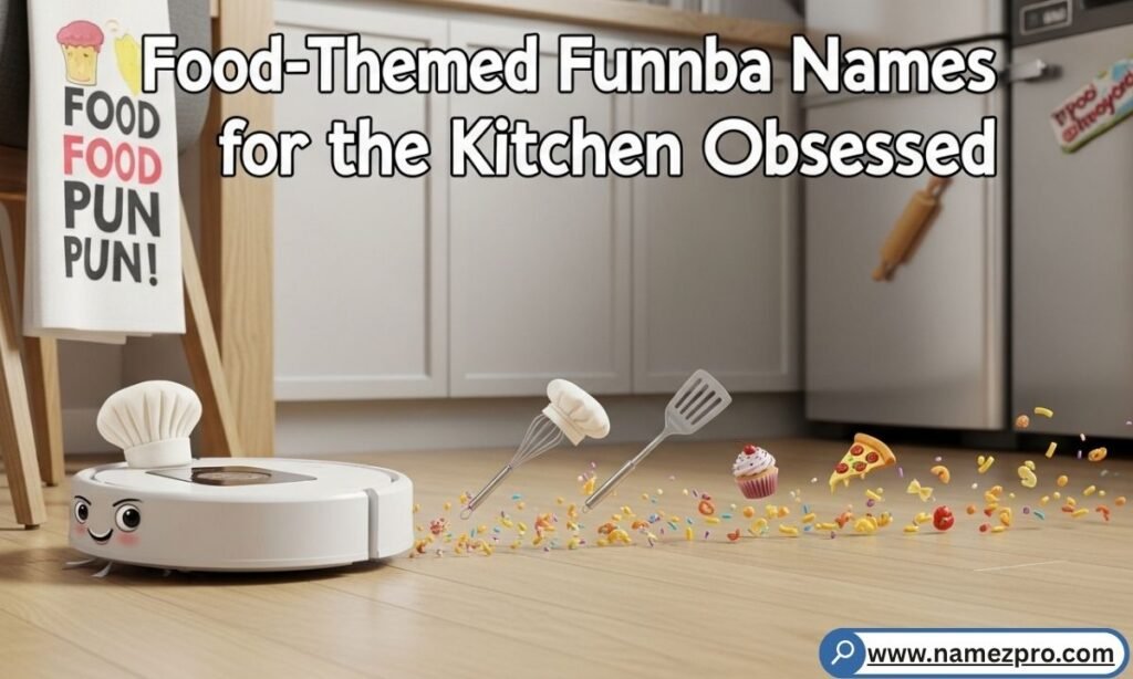 Food-Themed Funny Roomba Names for the Kitchen Obsessed with a robot vacuum wearing a tiny chef hat in a messy kitchen.

