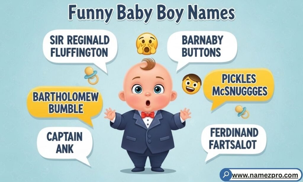 Funniest baby boy names 2026— giggling baby boy wearing a name tag that reads "Chris P. Bacon"