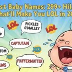 Funniest baby names 2026 laughing baby surrounded by hilarious name tags and colorful letter blocks