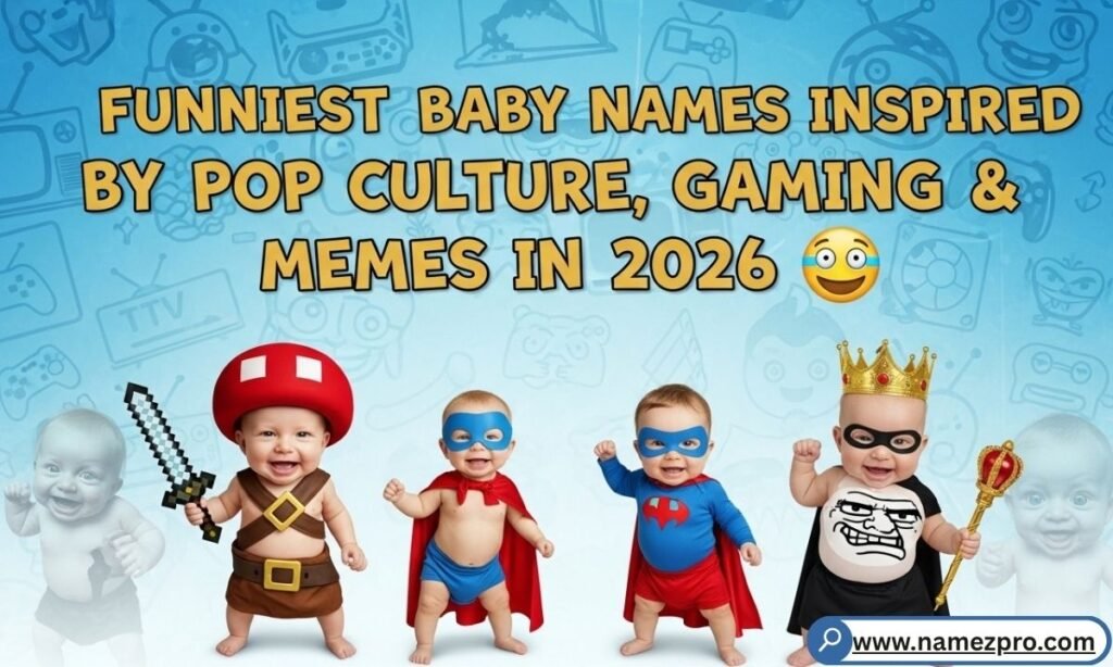 Funniest pop culture baby names 2026  laughing baby gamer wearing a name tag reading "Pixel" and "Glitch"