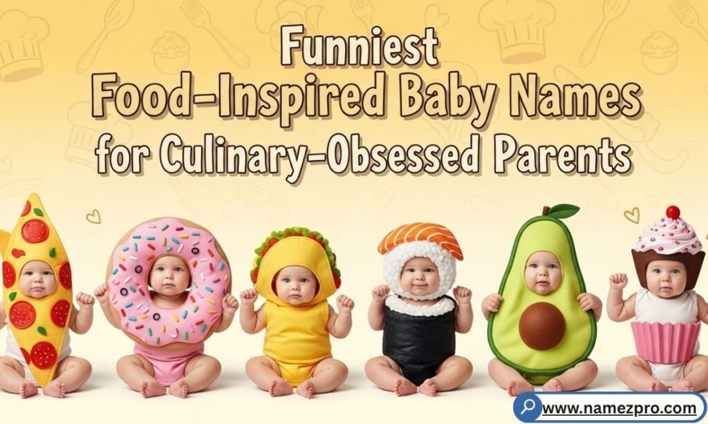 Laughing baby wearing a tiny chef hat surrounded by colorful food props and name tags on a bright kitchen background
