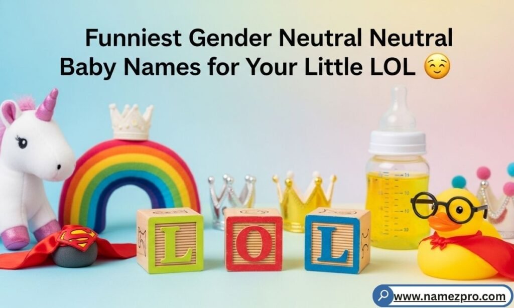 Laughing baby surrounded by rainbow-colored letter blocks spelling Pickle and Waffles on a white background
