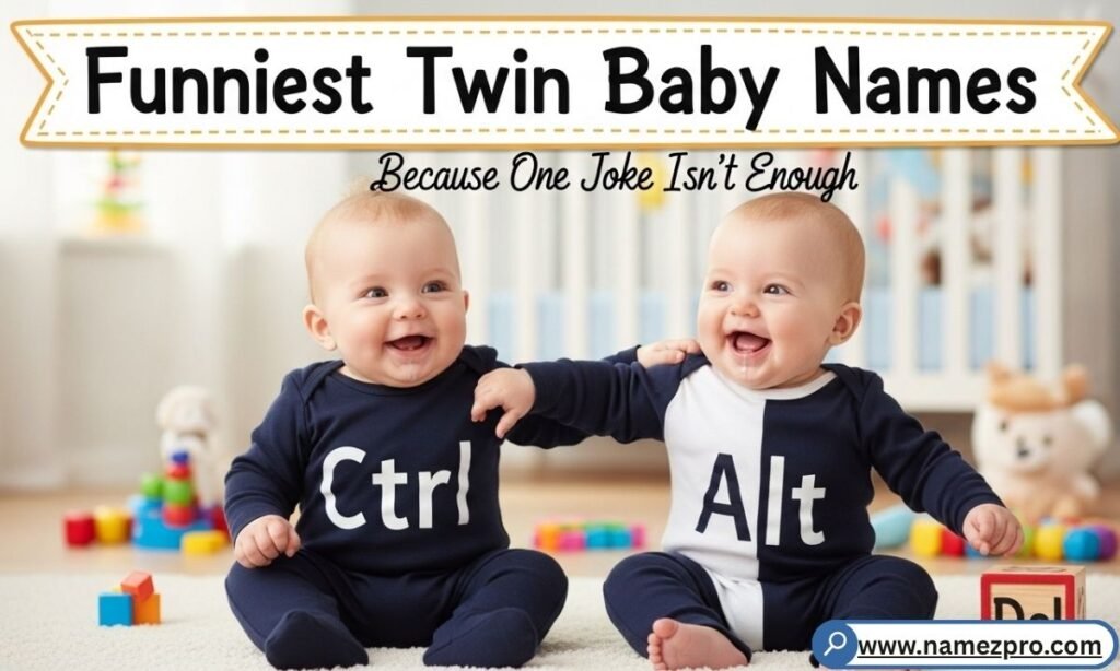 Two giggling babies in matching outfits sitting side by side with coordinating name tags around their necks
