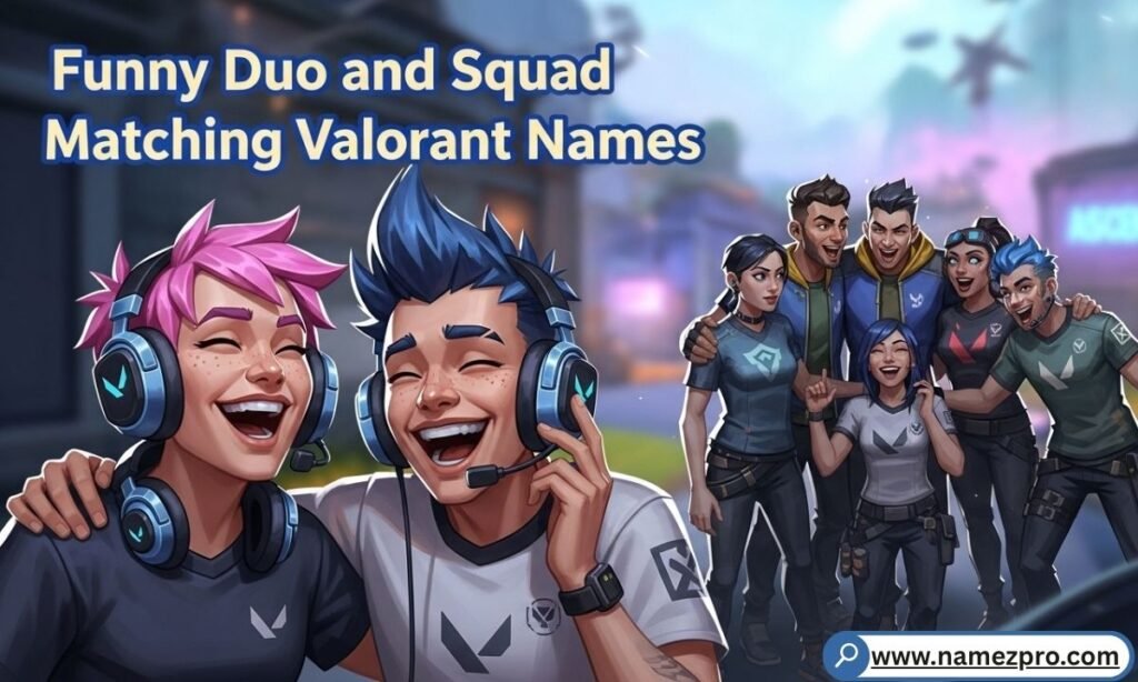 Matching Valorant names for duos and squads displayed over a tactical map with multiple agent silhouettes.