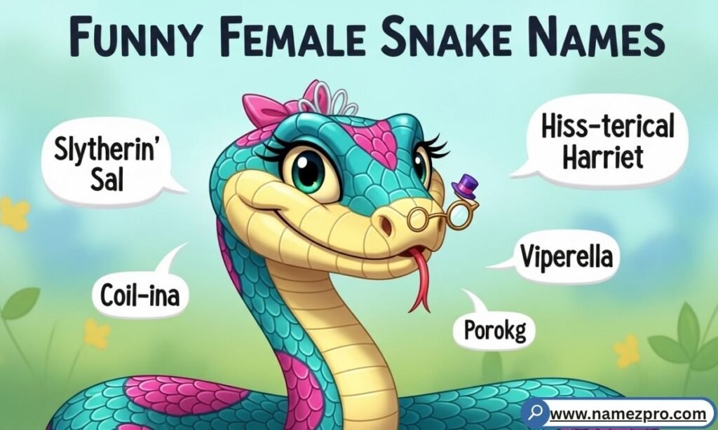 A colorful female snake wearing a tiny pink 3D-printed crown, representing funny female snake names.