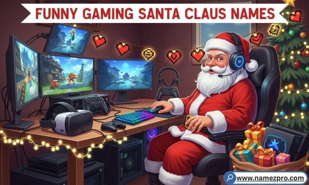 Gamer wearing a headset and Santa hat with a controller