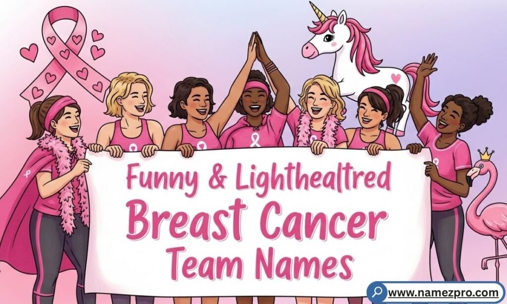Group of friends laughing in pink costumes, showcasing funny and lighthearted breast cancer team names.