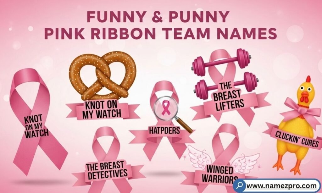 Vibrant pink ribbons arranged in a creative pattern, representing funny and punny pink ribbon team names.