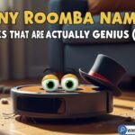 Funny Roomba names list with robot vacuum labeled 'Dust Vader' spinning on hardwood floor in a modern home