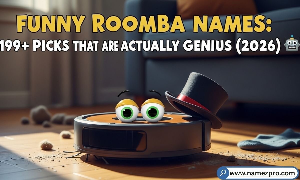 Funny Roomba names list with robot vacuum labeled 'Dust Vader' spinning on hardwood floor in a modern home