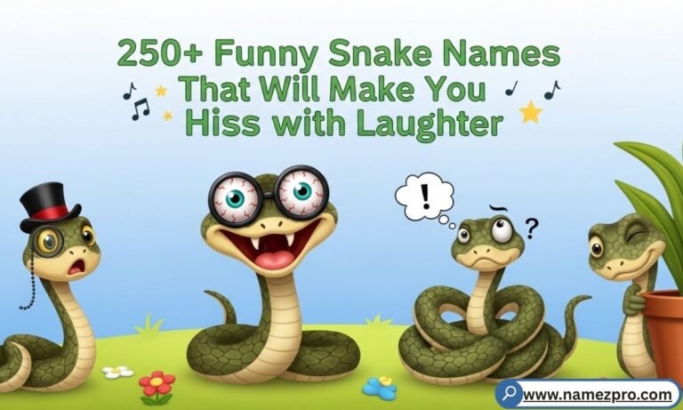 A cute ball python coiled near a tiny chef hat and a sign labeled "Noodle," representing funny snake names.