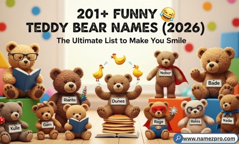 A collection of fluffy teddy bears with cute accessories representing various funny teddy bear names for 2026.