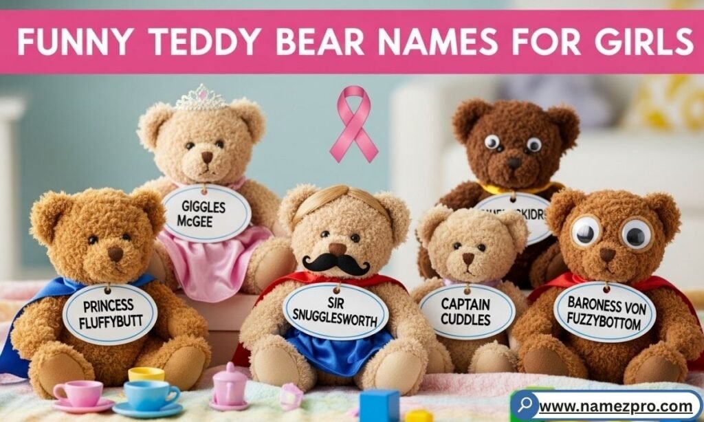 A stylish teddy bear with a pink bow and sparkly accessories, illustrating funny teddy bear names for girls 🎀.