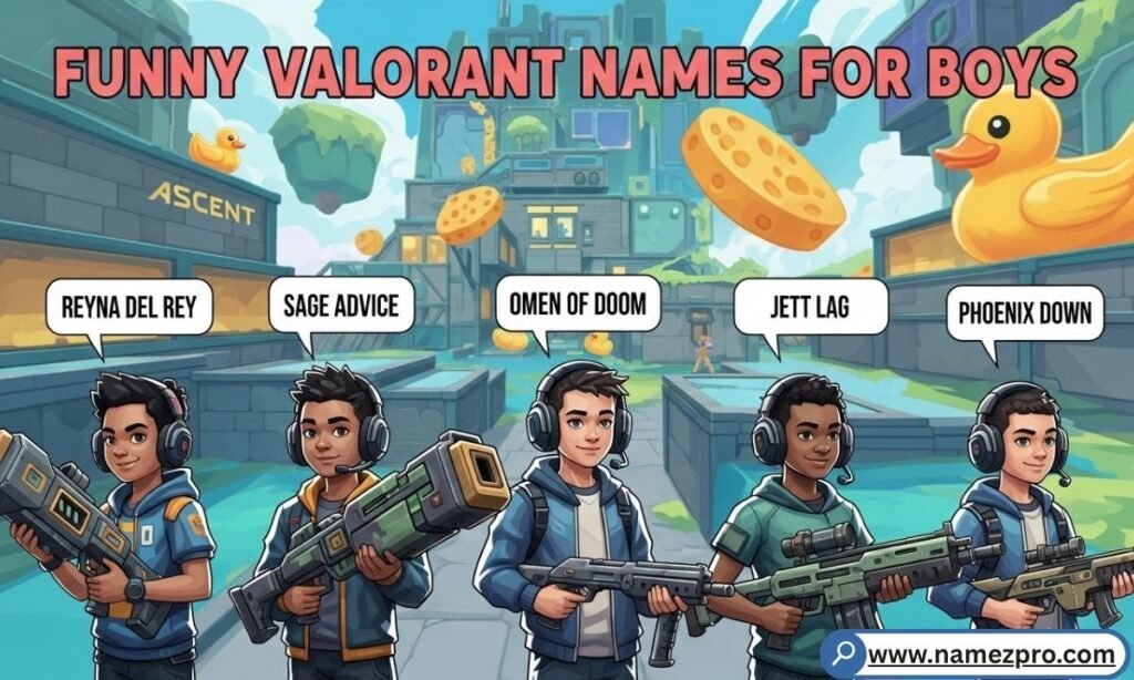 Selection of funny Valorant names for boys featuring Phoenix and Omen agents with bold, edgy gaming typography.