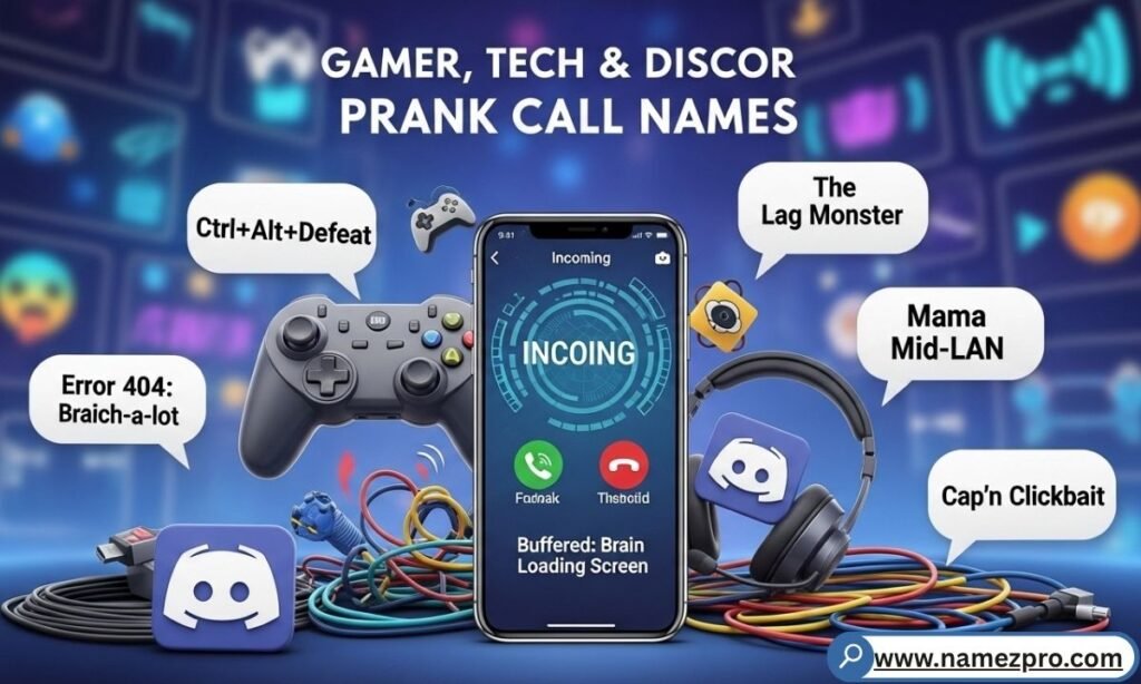 Gamer funny prank call names for Discord and Xbox Live, featuring puns like Crash Bandicam and Ping Lossman.