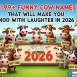 A happy spotted cow with a funny name tag in a green farm field — funny cow names guide 2026