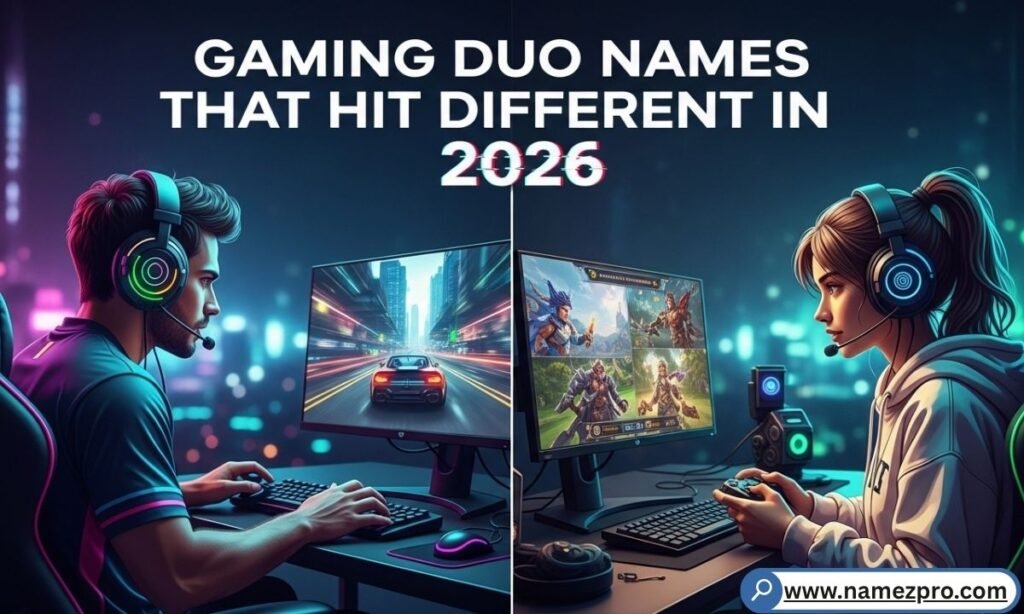 Two esports players celebrating with gamer tags displayed on their monitors