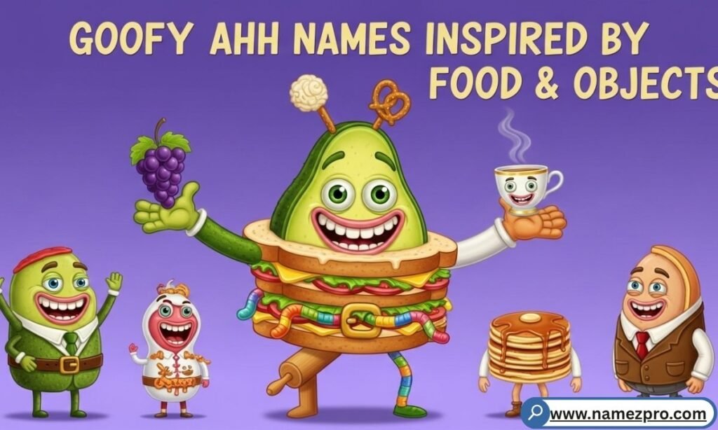 A playful illustration of a burger labeled 'Baron Von Ketchup' and a stapler labeled 'Stapler McGee', representing goofy ahh names.