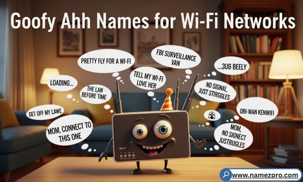 A phone screen showing a list of available Wi-Fi networks, featuring funny goofy ahh names like 'Pretty Fly for a WiFi' and 'FBI Surveillance Van 3'.